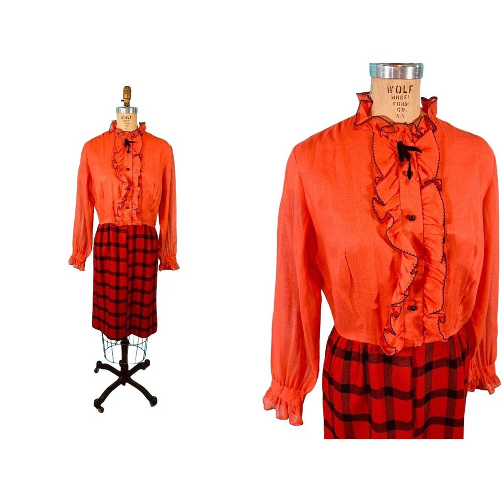 Vintage 60s Plaid Mod Dress Red Orange 2 Piece Look Fall | W 31"